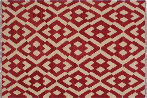 handmade Modern Kilim Red Beige Hand-Woven RECTANGLE 100% WOOL area rug 4' x 6'