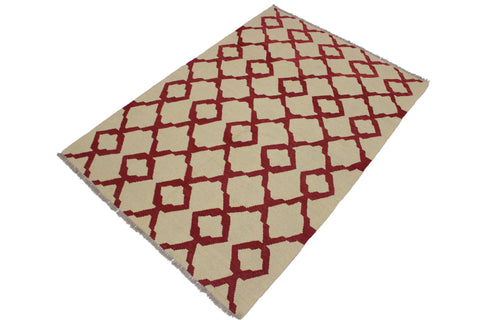 handmade Modern Kilim Beige Red Hand-Woven RECTANGLE 100% WOOL area rug 4' x 6'