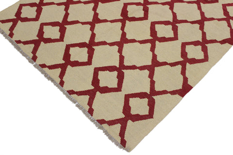 handmade Modern Kilim Beige Red Hand-Woven RECTANGLE 100% WOOL area rug 4' x 6'