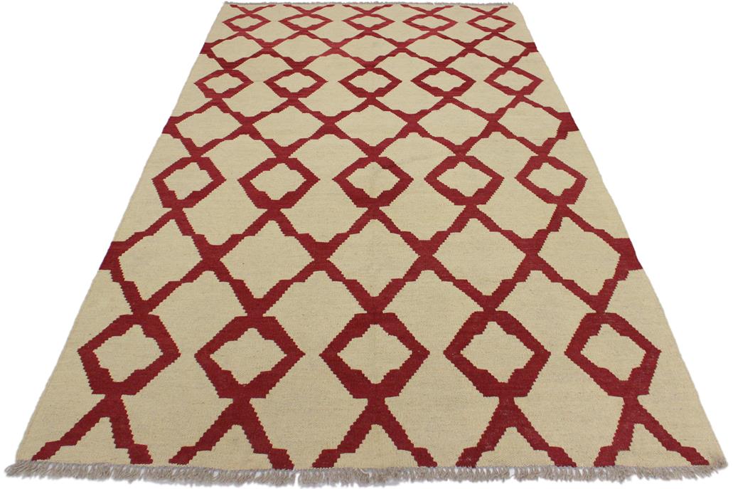 Flat Weave Kilim Antique Navaho Vintage handmade Modern Kilim Beige Red Hand-Woven Rectangle 100% Wool Area Rug 4x6 