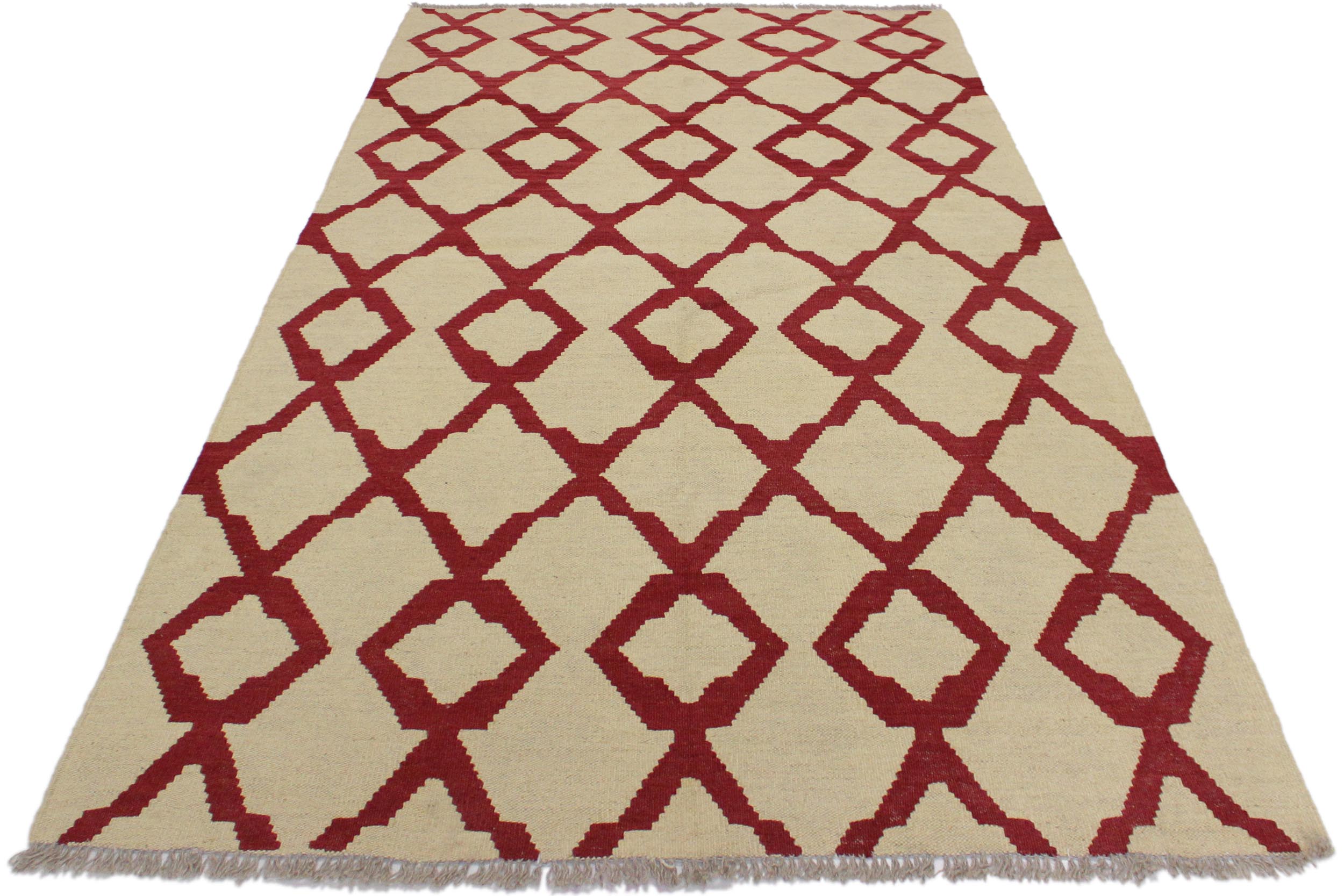 handmade Modern Kilim Beige Red Hand-Woven RECTANGLE 100% WOOL area rug 4' x 6'