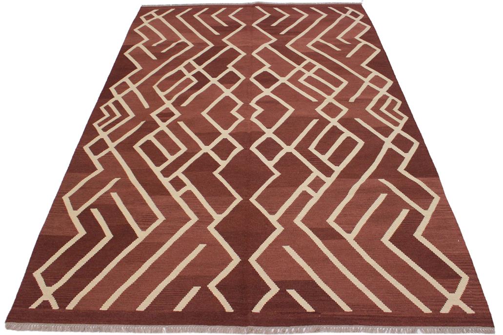 Flat Weave Kilim Antique Navaho Vintage handmade Modern Kilim Brown Beige Hand-Woven Rectangle 100% Wool Area Rug 7x10 