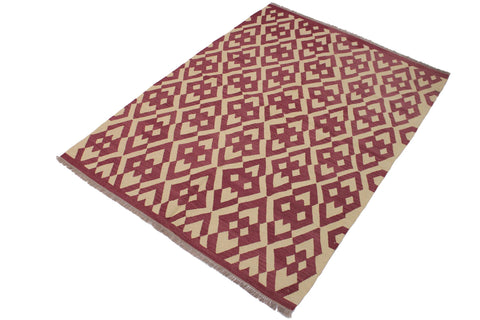 handmade Modern Kilim Burgundy Beige Hand-Woven RECTANGLE 100% WOOL area rug 6' x 8'