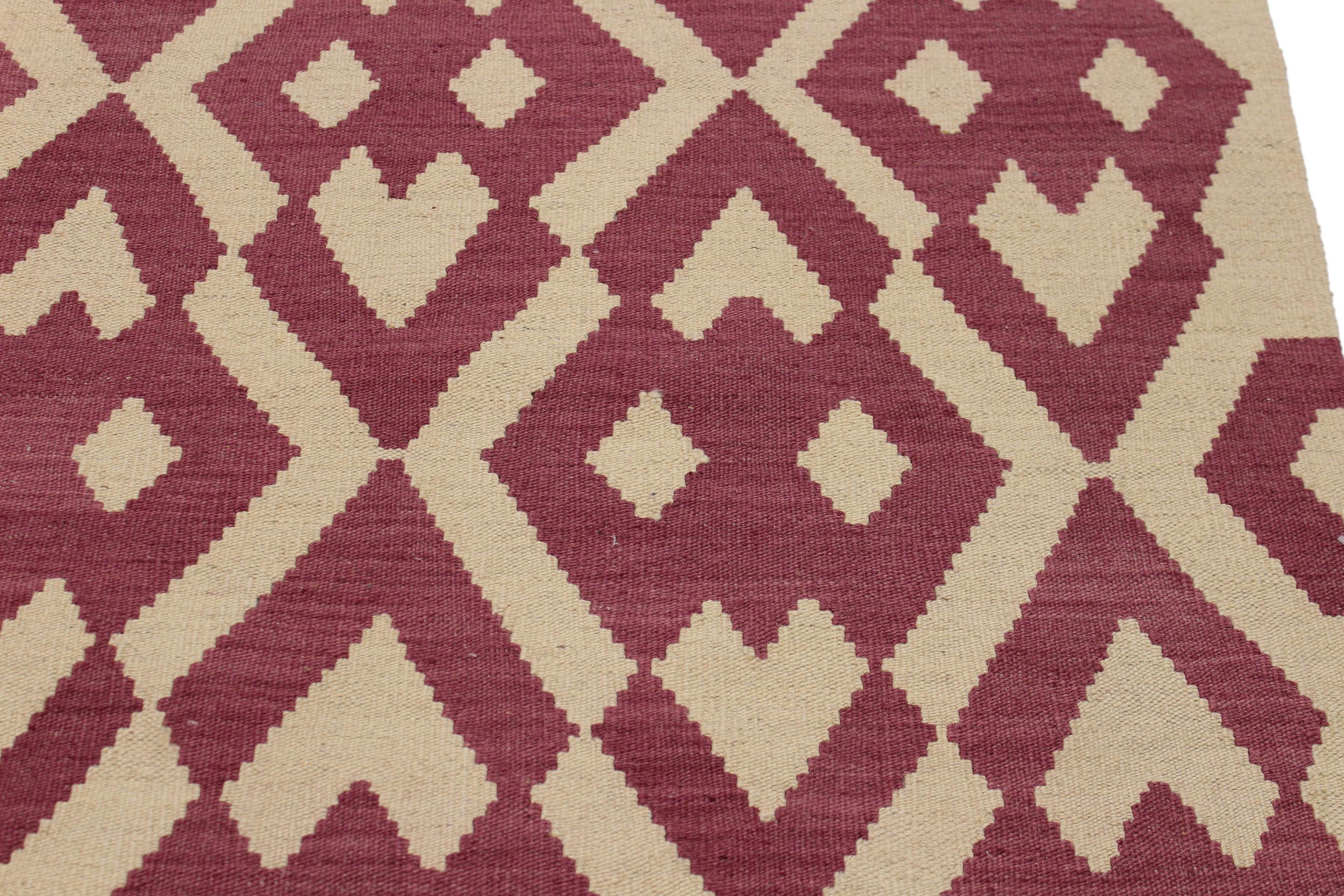 handmade Modern Kilim Burgundy Beige Hand-Woven RECTANGLE 100% WOOL area rug 6' x 8'