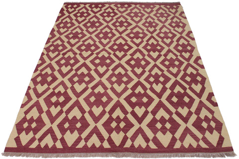 handmade Modern Kilim Burgundy Beige Hand-Woven RECTANGLE 100% WOOL area rug 6' x 8'