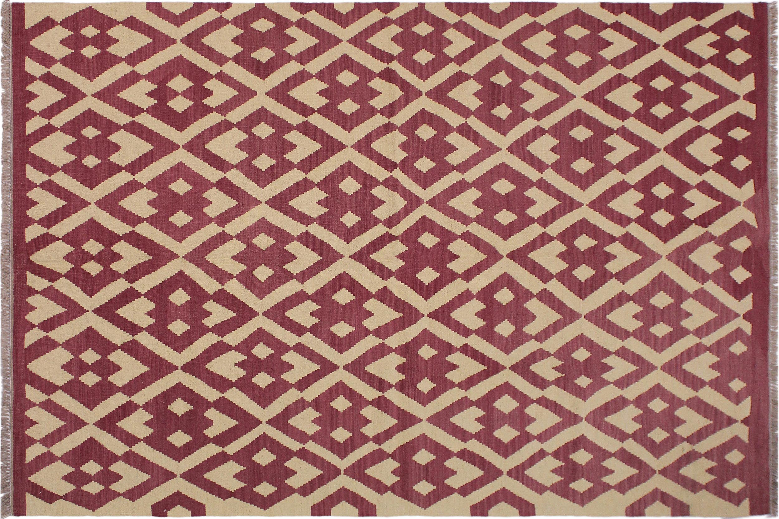 handmade Modern Kilim Burgundy Beige Hand-Woven RECTANGLE 100% WOOL area rug 6' x 8'