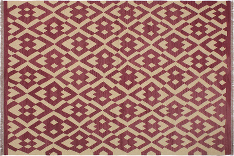 handmade Modern Kilim Burgundy Beige Hand-Woven RECTANGLE 100% WOOL area rug 6' x 8'