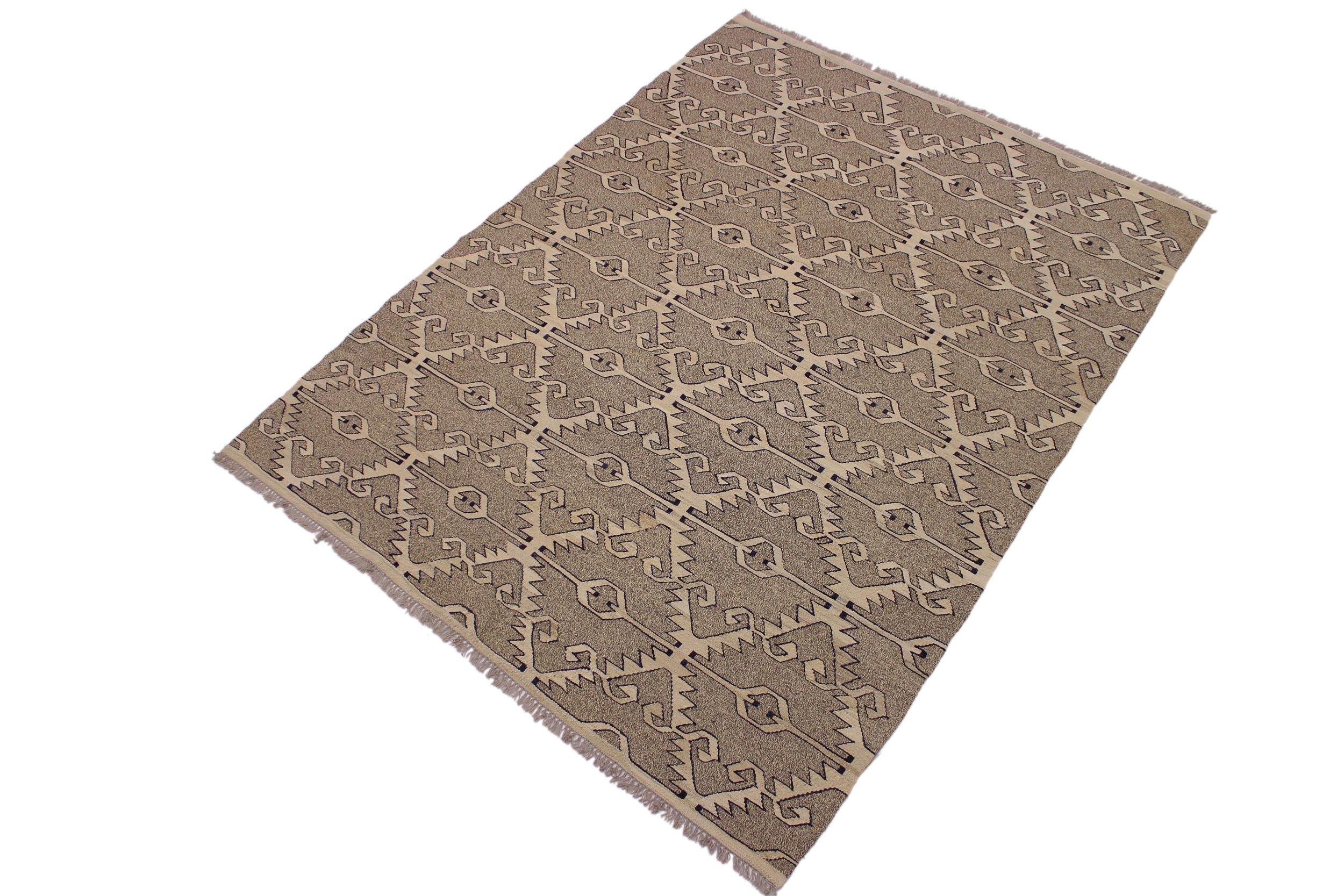 handmade Modern Kilim Gray Tan Hand-Woven RECTANGLE 100% WOOL area rug 6' x 8'