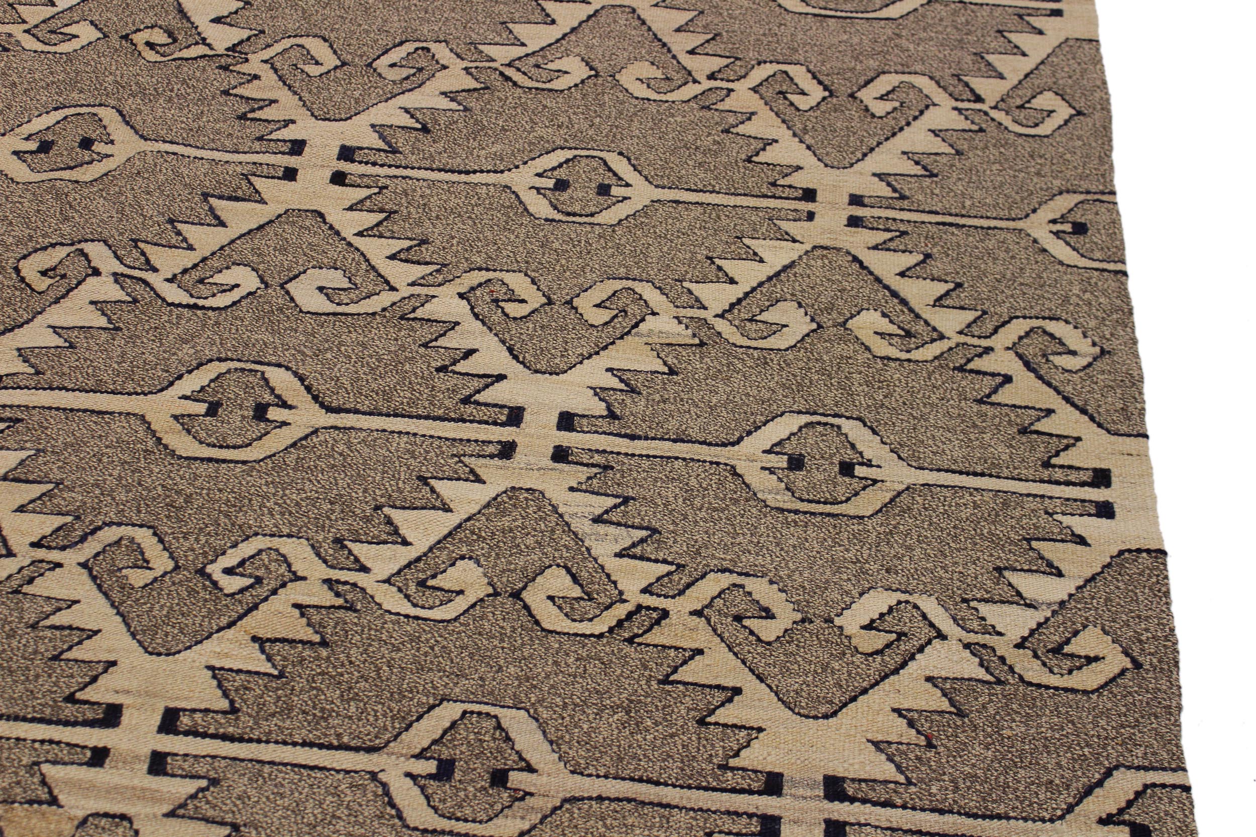 handmade Modern Kilim Gray Tan Hand-Woven RECTANGLE 100% WOOL area rug 6' x 8'