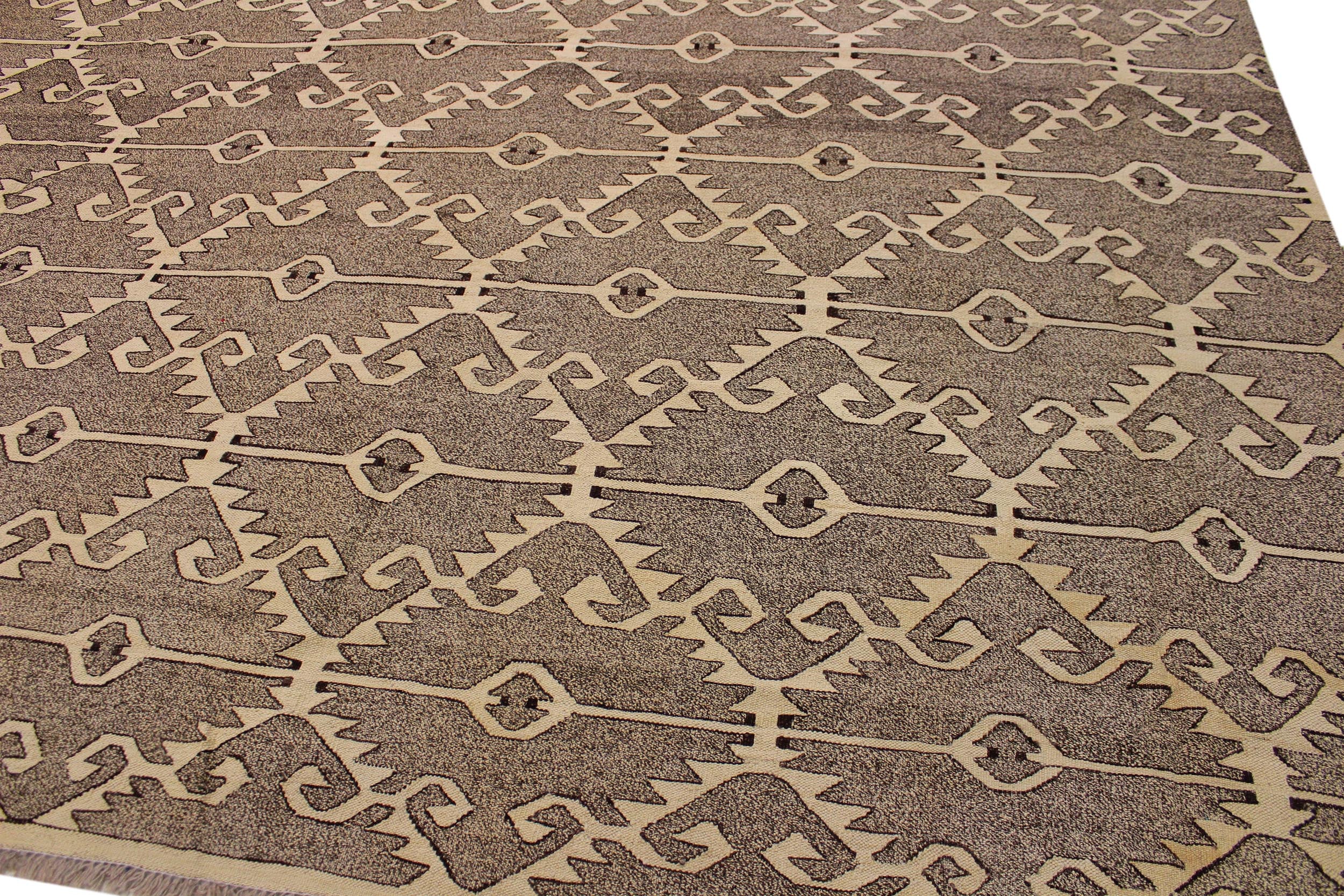 handmade Modern Kilim Drk. Gray Ivory Hand-Woven RECTANGLE 100% WOOL area rug 10' x 14'