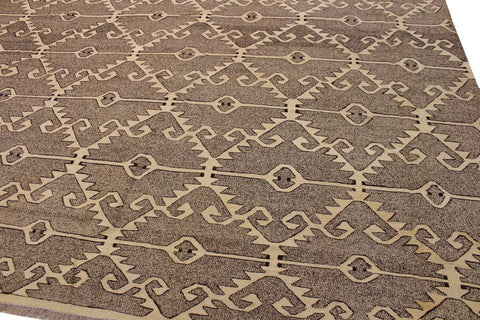 handmade Modern Kilim Drk. Gray Ivory Hand-Woven RECTANGLE 100% WOOL area rug 10' x 14'