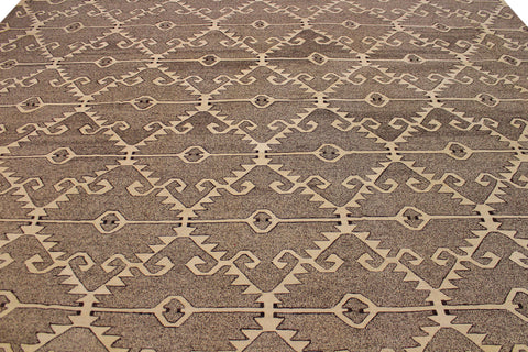 handmade Modern Kilim Drk. Gray Ivory Hand-Woven RECTANGLE 100% WOOL area rug 10' x 14'