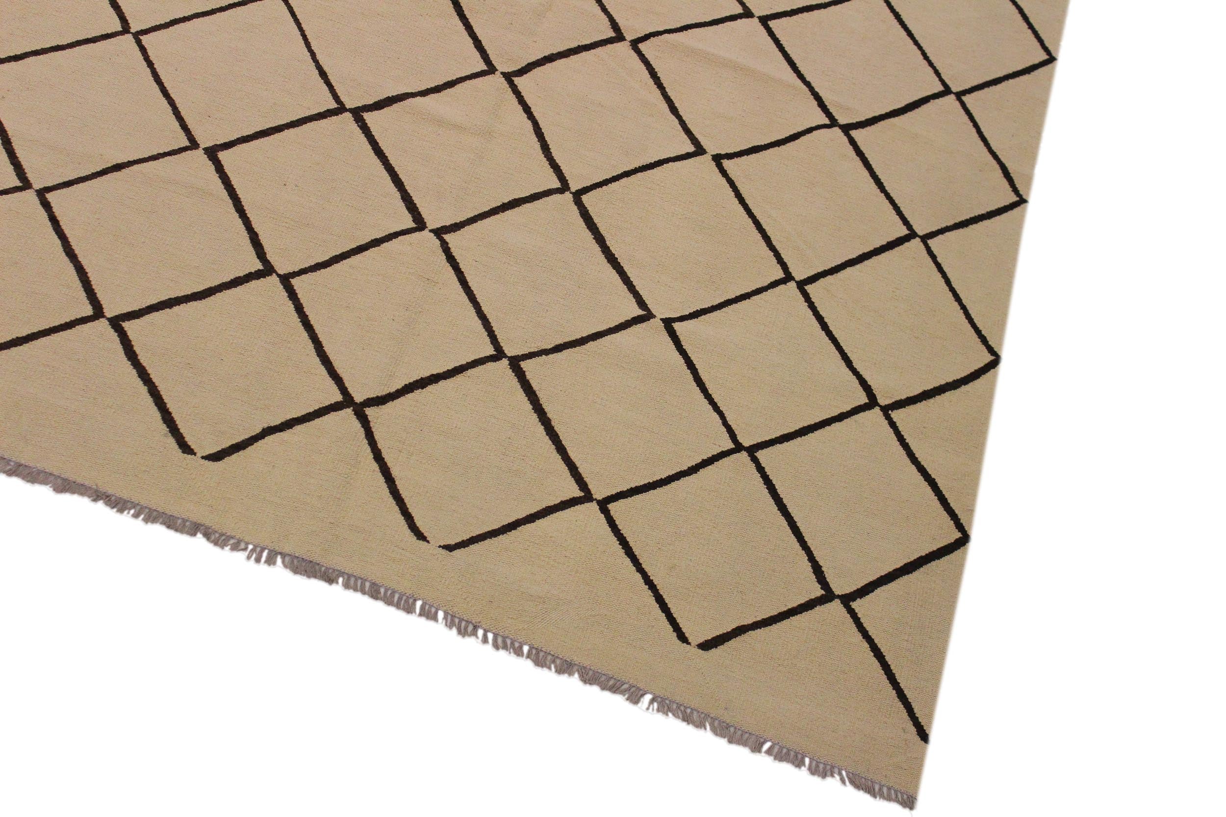 handmade Modern Kilim Tan Black Hand-Woven RECTANGLE 100% WOOL area rug 10' x 13'