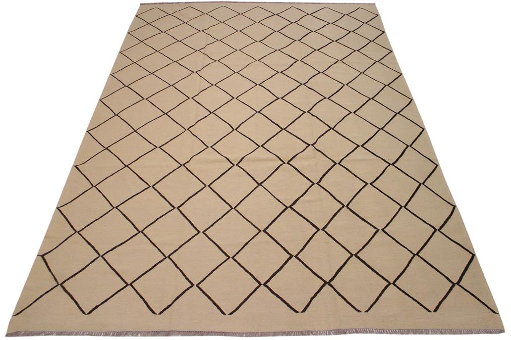 Flat Weave Kilim Antique Navaho Vintage handmade Modern Kilim Tan Black Hand-Woven Rectangle 100% Wool Area Rug 10x13 