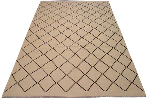 handmade Modern Kilim Tan Black Hand-Woven RECTANGLE 100% WOOL area rug 10' x 13'