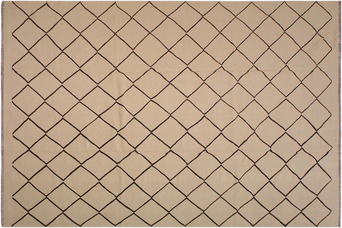 10x13 hand woven Turkish Flat Weave Kilim wool rug in tan and black - Abstract Turkish Annette