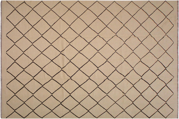 handmade Modern Kilim Tan Black Hand-Woven RECTANGLE 100% WOOL area rug 10' x 13'