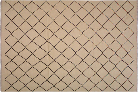 handmade Modern Kilim Tan Black Hand-Woven RECTANGLE 100% WOOL area rug 10' x 13'