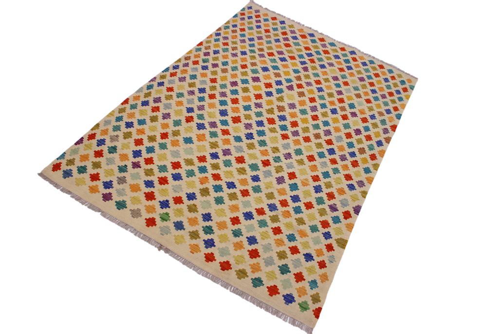 Flat Weave Kilim Antique Navaho Vintage handmade Modern Kilim Beige Blue Hand-Woven Rectangle 100% Wool Area Rug 5x8 