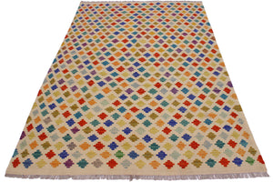 handmade Modern Kilim Beige Blue Hand-Woven RECTANGLE 100% WOOL area rug 5x8
