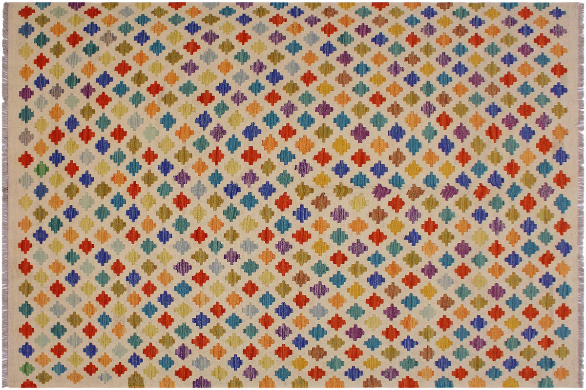 5x8 hand woven Turkish Modern Kilim wool rug in beige and blue - Turkish Eclectic Annis
