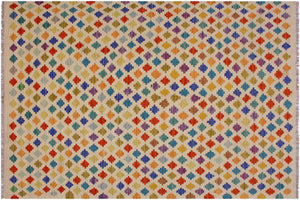 5x8 hand woven Turkish Modern Kilim wool rug in beige and blue - Turkish Eclectic Annis