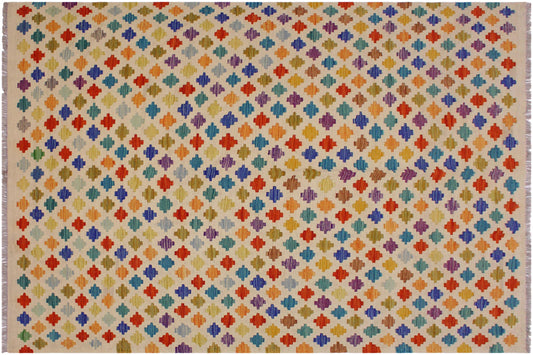 handmade Modern Kilim Beige Blue Hand-Woven RECTANGLE 100% WOOL area rug 5x8