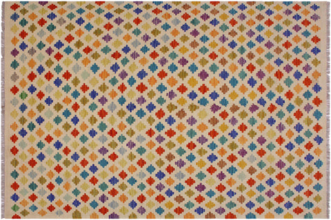 handmade Modern Kilim Beige Blue Hand-Woven RECTANGLE 100% WOOL area rug 5x8