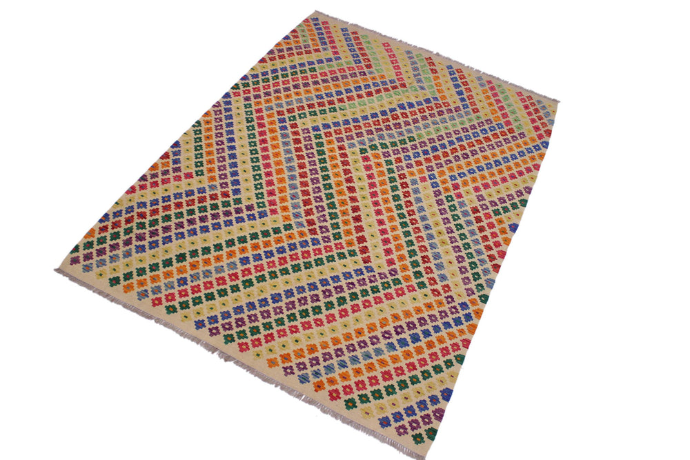 handmade Modern Kilim Beige Blue Hand-Woven RECTANGLE 100% WOOL area rug 6x8