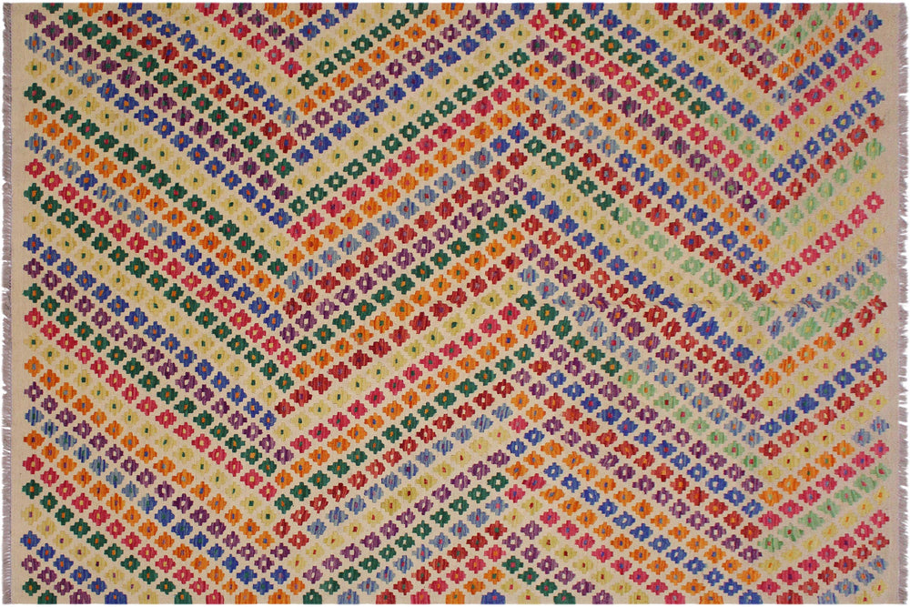 handmade Modern Kilim Beige Blue Hand-Woven RECTANGLE 100% WOOL area rug 6x8