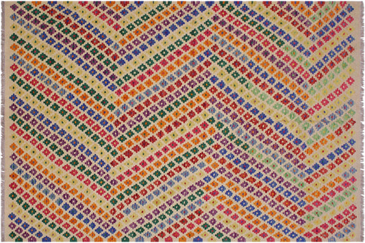 handmade Modern Kilim Beige Blue Hand-Woven RECTANGLE 100% WOOL area rug 6x8