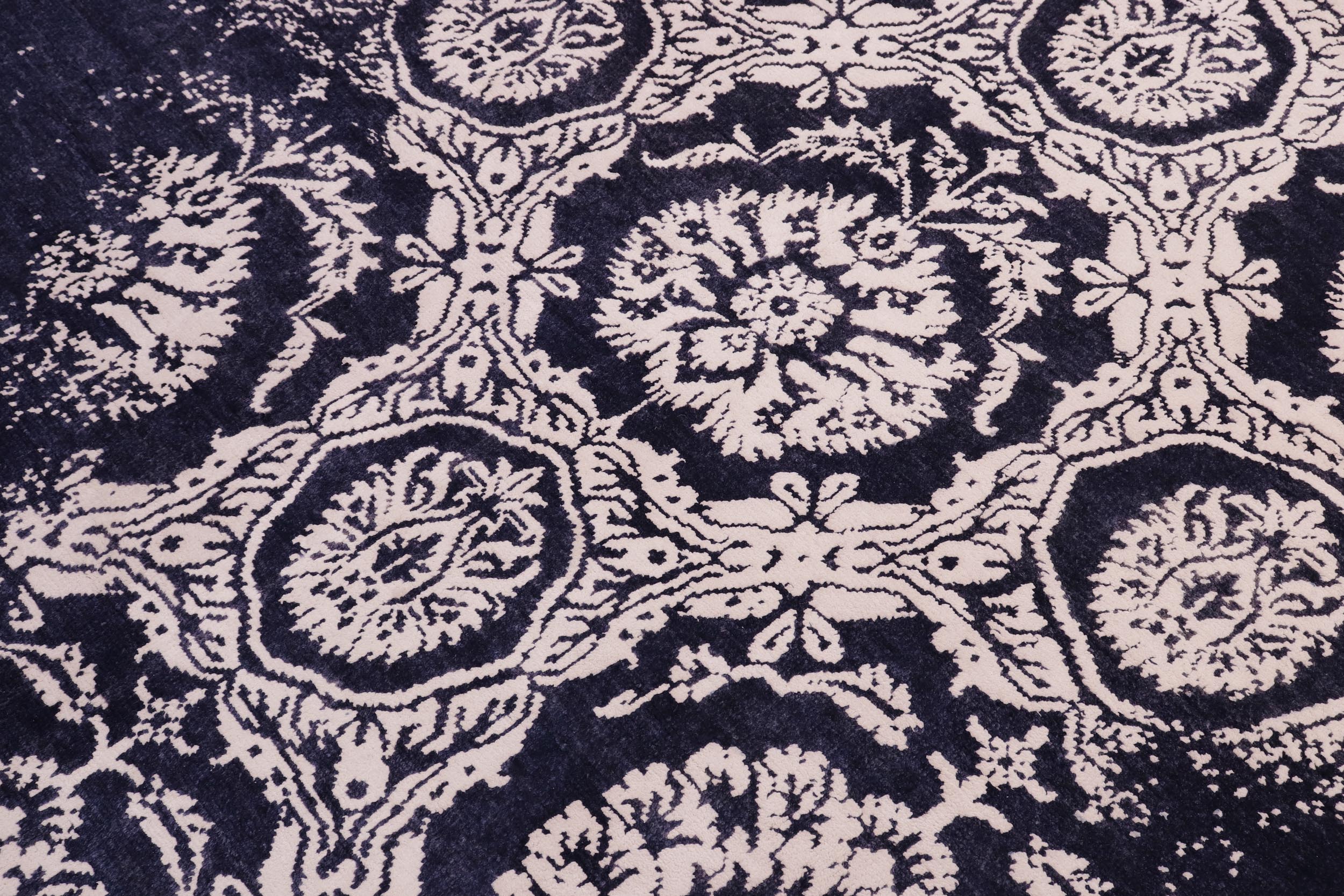handmade Modern Kafkaz Blue Ivory Hand Knotted RECTANGLE WOOL&SILK area rug 5' x 8'