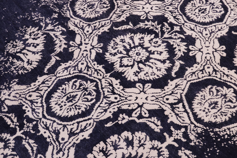 handmade Modern Kafkaz Blue Ivory Hand Knotted RECTANGLE WOOL&SILK area rug 5' x 8'