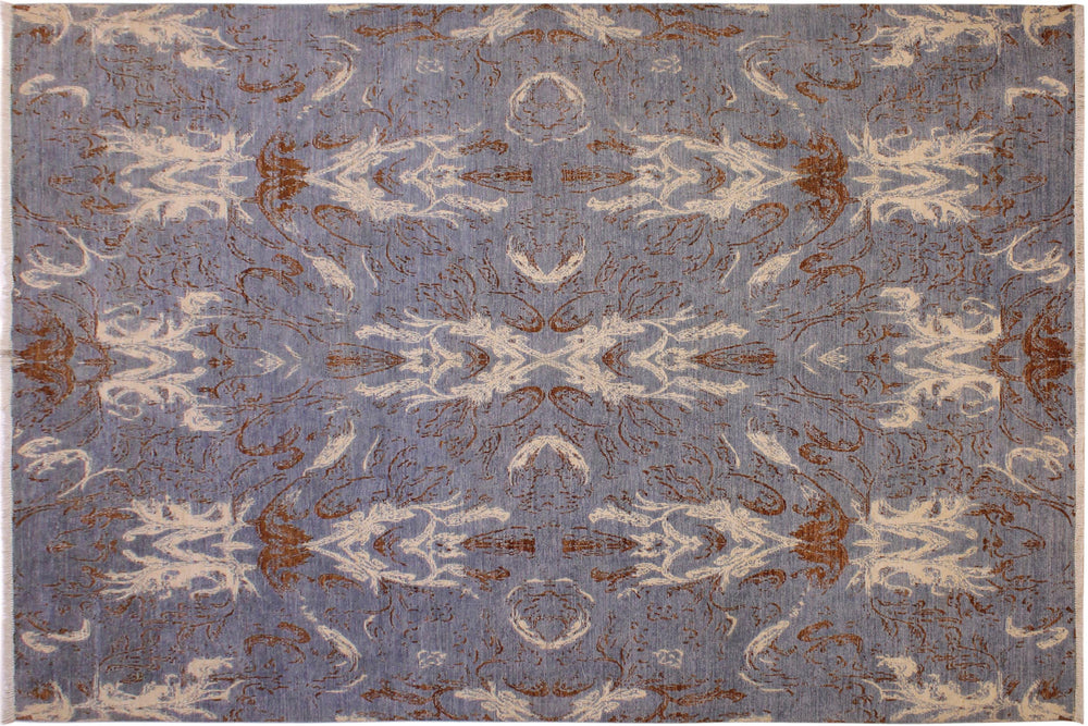 handmade Modern Kafkaz Blue Ivory Hand Knotted RECTANGLE 100% WOOL area rug 9' x 12'