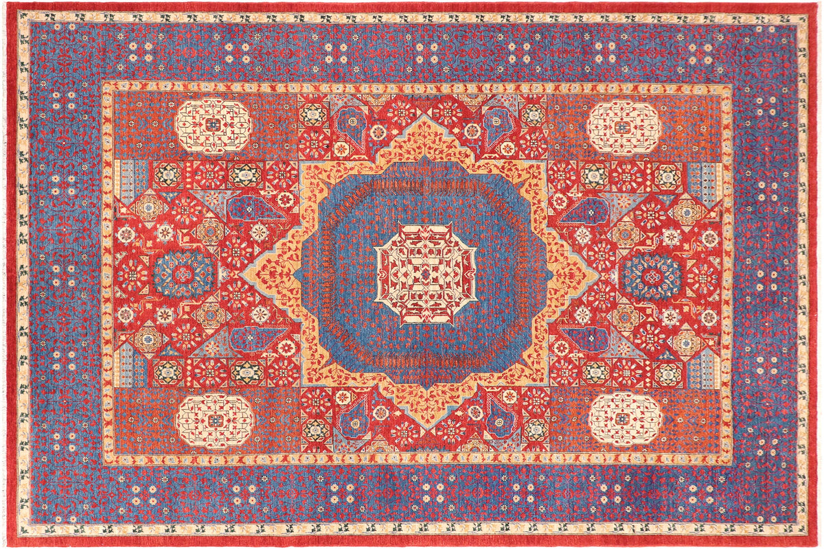 10x14 hand knotted Mamluk wool rug in red and blue - Tribal Mamluk Antony