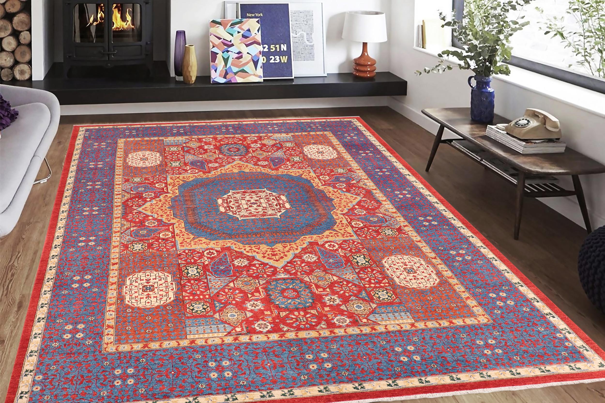 handmade Geometric Mamluk Red Blue Hand Knotted RECTANGLE 100% WOOL area rug 10 x 14