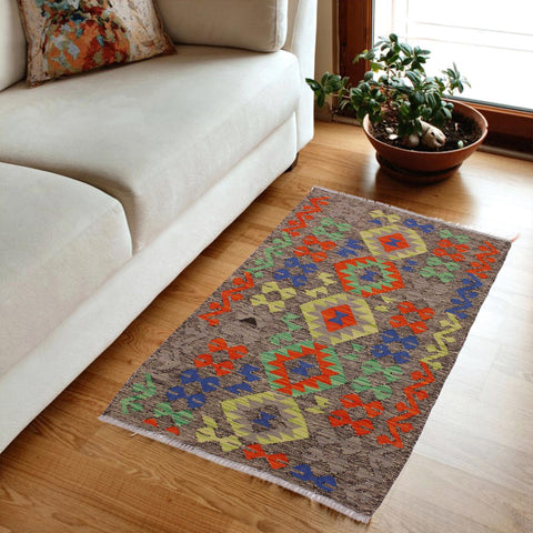handmade Geometric Kilim Brown Rust Hand-Woven RECTANGLE 100% WOOL area rug 3' x 4'