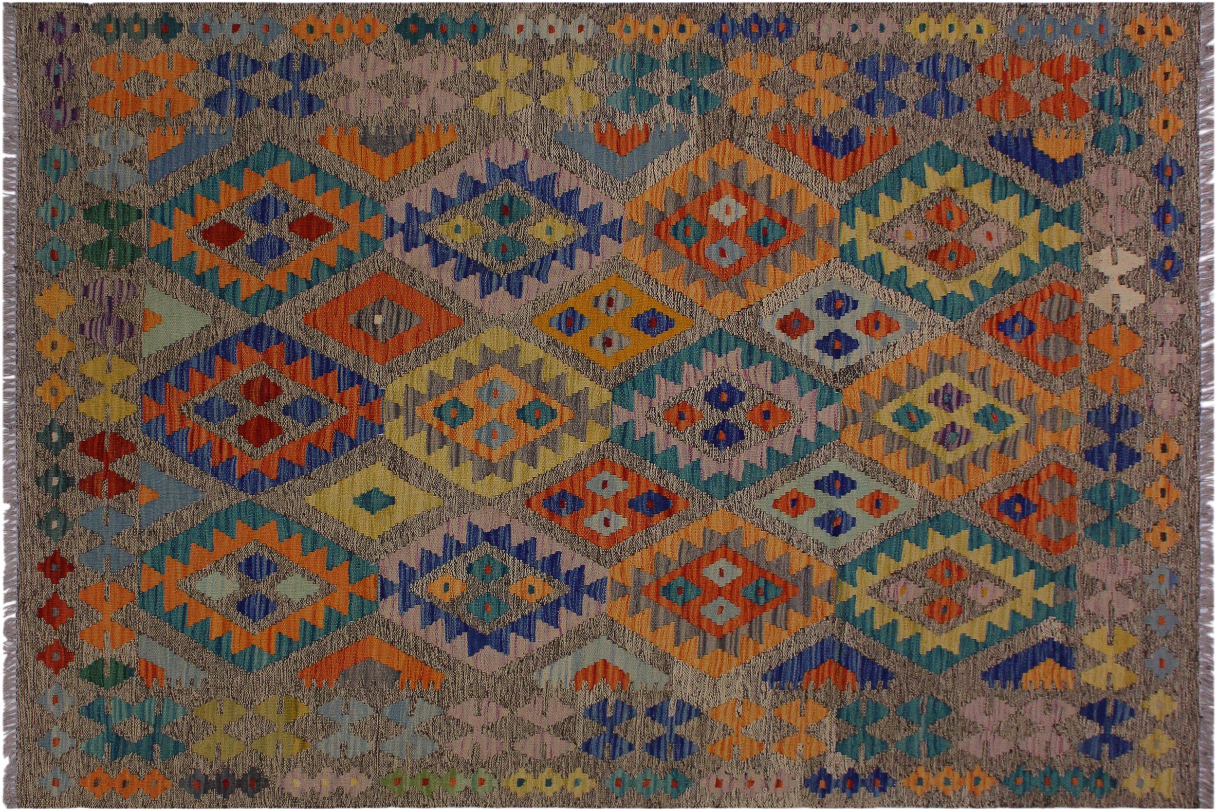 handmade Geometric Kilim Brown Blue Hand-Woven RECTANGLE 100% WOOL area rug 5 x 7