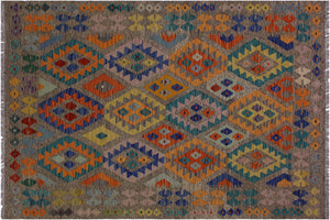 handmade Geometric Kilim Brown Blue Hand-Woven RECTANGLE 100% WOOL area rug 5 x 7