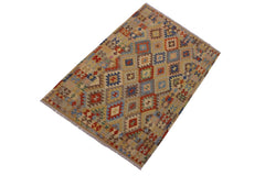 Flat Weave Kilim Antique Navaho Vintage handmade Geometric Kilim Tan Brown Hand-Woven Rectangle 100% Wool Area Rug 5x7 