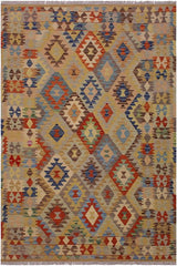 Flat Weave Kilim Antique Navaho Vintage handmade Geometric Kilim Tan Brown Hand-Woven Rectangle 100% Wool Area Rug 5x7 