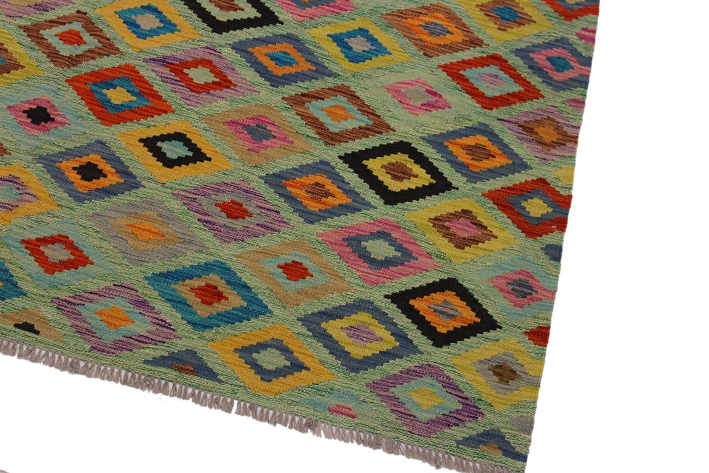 Flat Weave Kilim Antique Navaho Vintage handmade Modern Kilim Green Beige Hand-Woven Rectangle 100% Wool Area Rug 7x10 