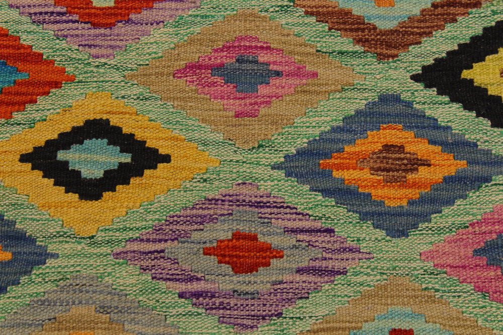 handmade Geometric Kilim Green Beige Hand-Woven RECTANGLE 100% WOOL area rug 7 x 10