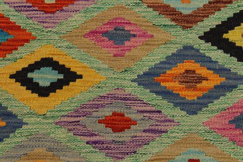 handmade Geometric Kilim Green Beige Hand-Woven RECTANGLE 100% WOOL area rug 7 x 10