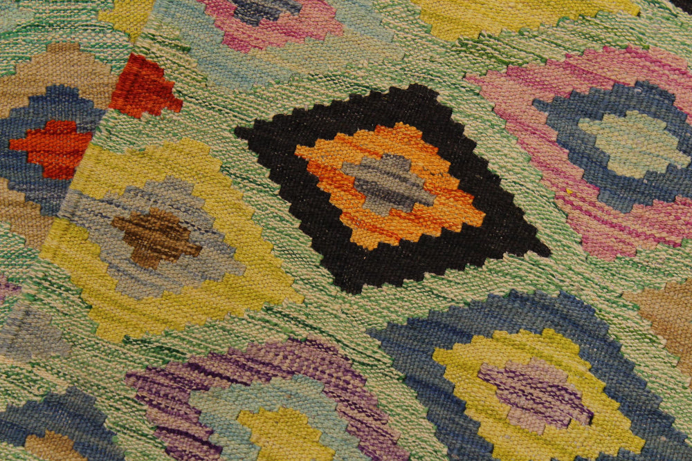handmade Geometric Kilim Green Beige Hand-Woven RECTANGLE 100% WOOL area rug 7 x 10