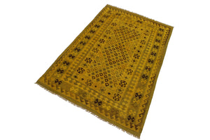 handmade Geometric Kilim Yellow Brown Hand-Woven RECTANGLE 100% WOOL area rug 5' x 8'