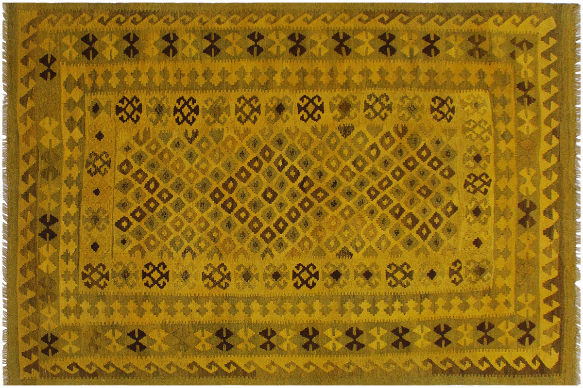 handmade Geometric Kilim Yellow Brown Hand-Woven RECTANGLE 100% WOOL area rug 5' x 8'