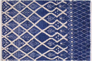 8x10 hand knotted Moroccan style wool rug in blue and ivory - Moroccan Boho Arnette
