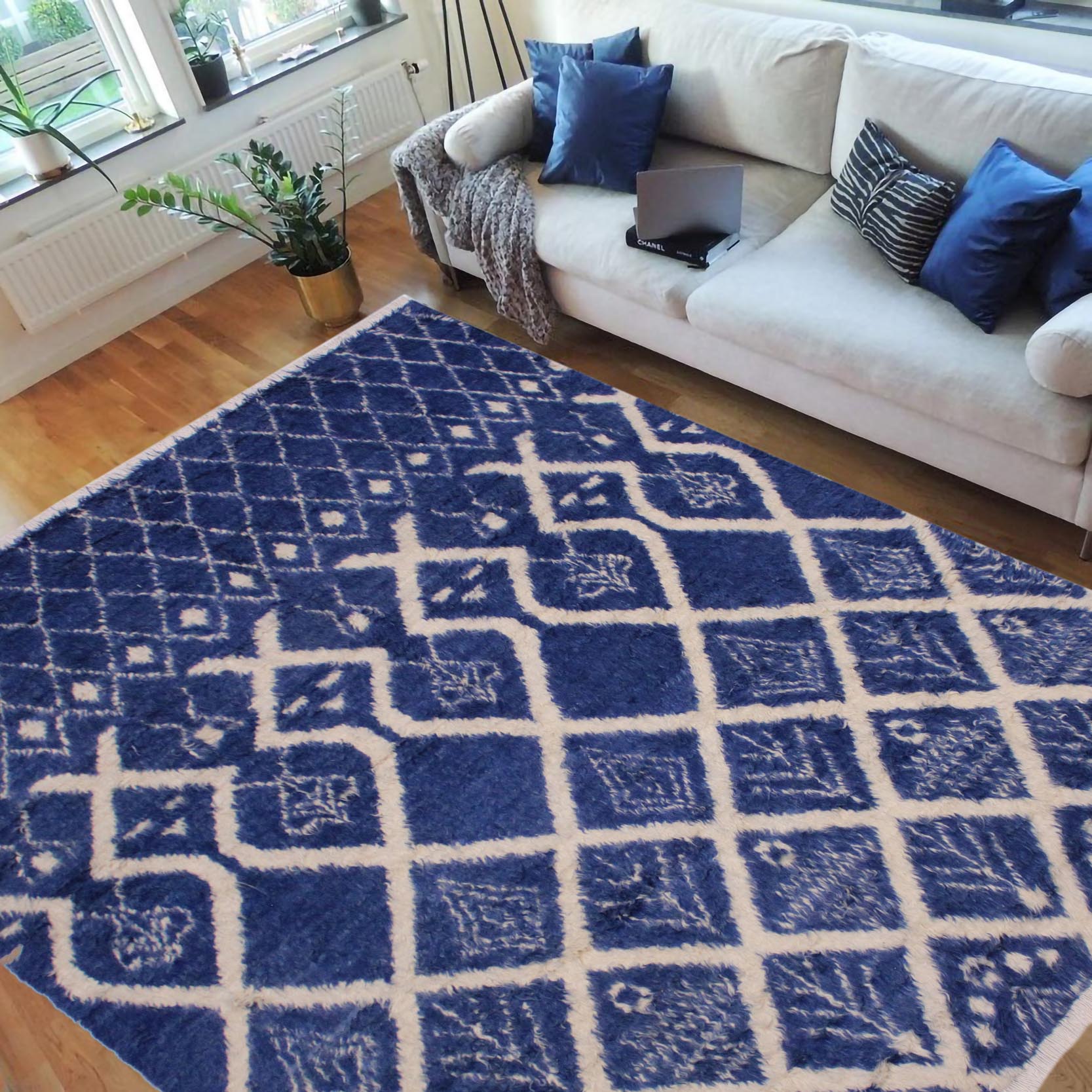 handmade Geometric Moroccan Blue Ivory Hand Knotted RECTANGLE 100% WOOL area rug 8' x 10'