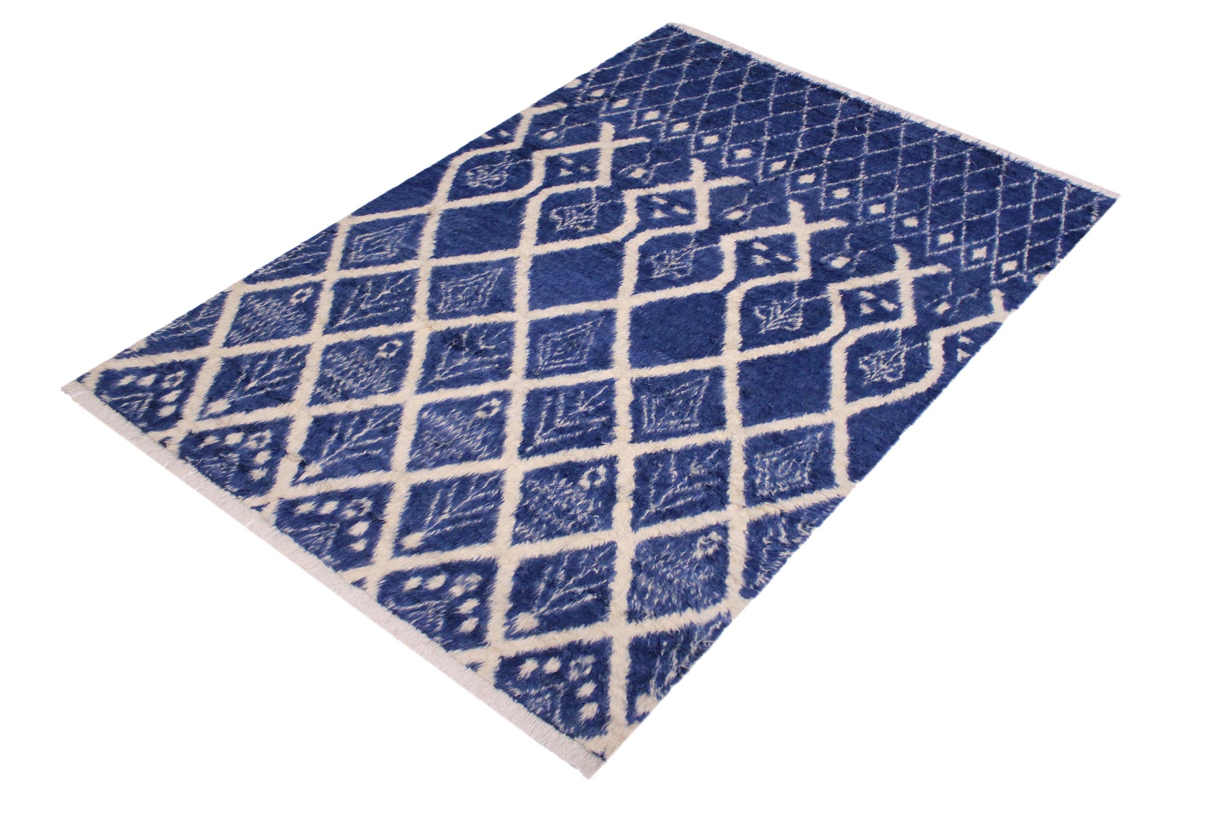 handmade Geometric Moroccan Blue Ivory Hand Knotted RECTANGLE 100% WOOL area rug 8' x 10'